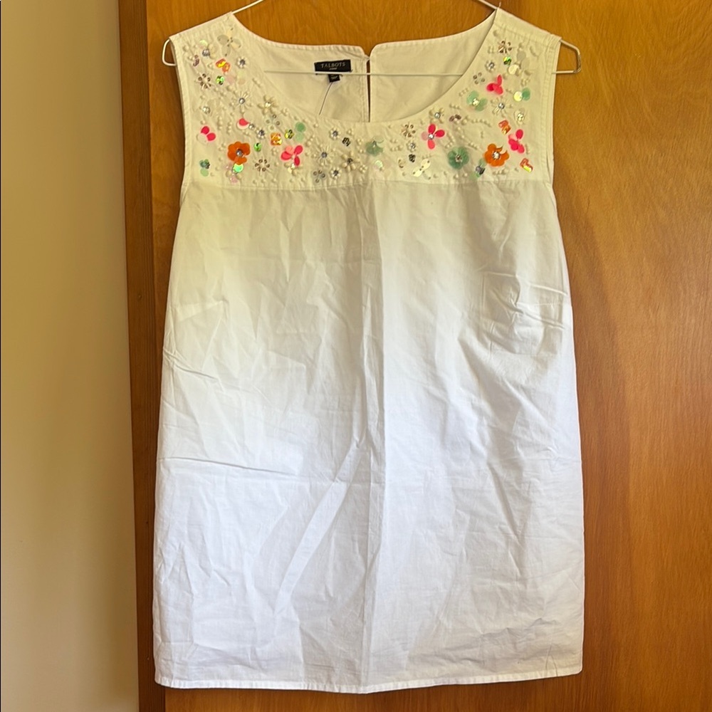 Talbots White Top with Colorful Floral Embellishments